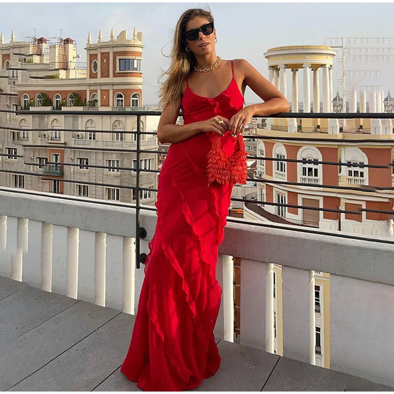 Asymmetrical strap maxi dress with ruffle detail, ideal for elegant occasions, made from flowy fabric in Katelynn design.
