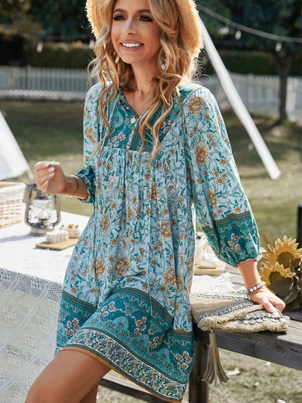 "Walker mini dress featuring boho-inspired delicate prints on lightweight fabric, perfect for a casual yet stylish look."