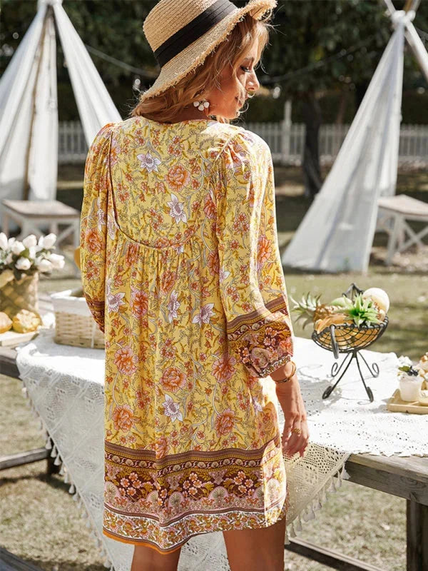 "Walker mini dress, boho-inspired with delicate prints and flowing silhouette, perfect for a casual summer day or outdoor…