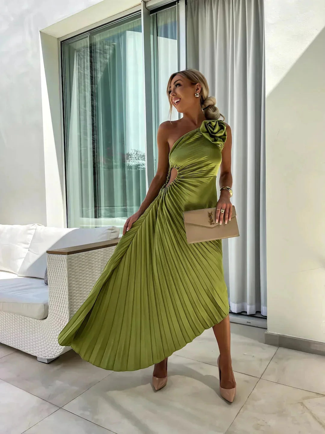 "Lynlee midi dress with one-shoulder design in pleated fabric, perfect for a stylish and sophisticated look."