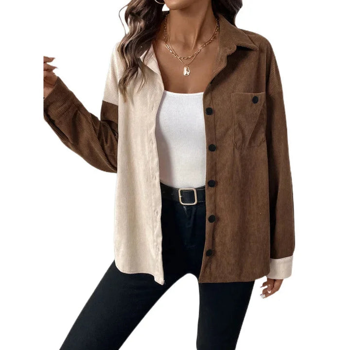 "Billie blouse in beige and white with front buttons, chest pockets, and collar neckline, made from soft cotton blend…