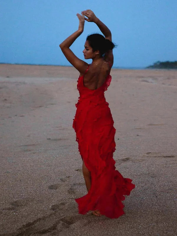 "Joella spaghetti strap dress in soft, flowy fabric with tiered ruffle design, perfect for a casual yet elegant summer…