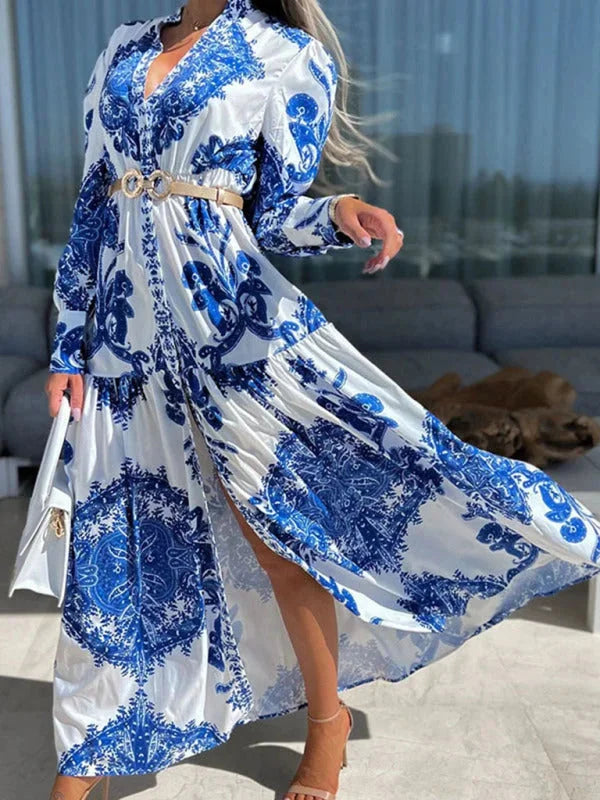 "Elea - Paisley maxi dress featuring a sophisticated high slit, perfect for a chic and elegant look."
