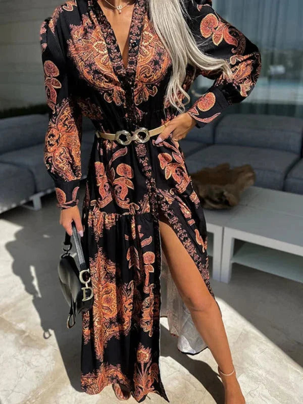 Elea - Paisley maxi dress featuring an elegant high slit, made from flowy fabric with intricate paisley print, perfect for…