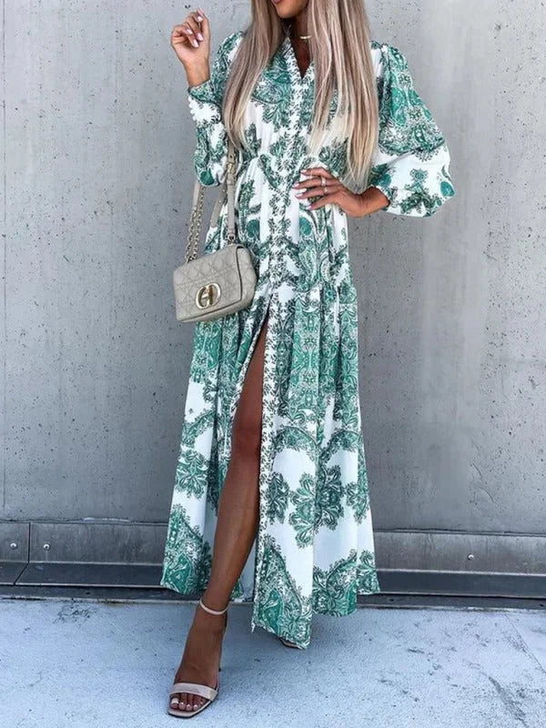 "Elea paisley maxi dress crafted with intricate pattern and high slit detail for a chic look."