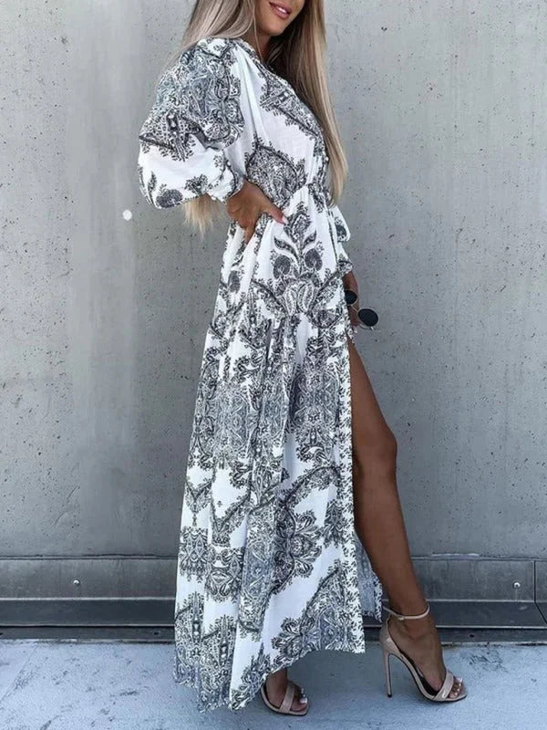"Elea paisley maxi dress with elegant high slit, made from soft chiffon fabric, perfect for special occasions or casual…