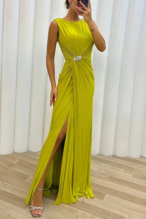 "Mayah maxi dress featuring elegant pleats and jewel detail, perfect for formal occasions or evening events."