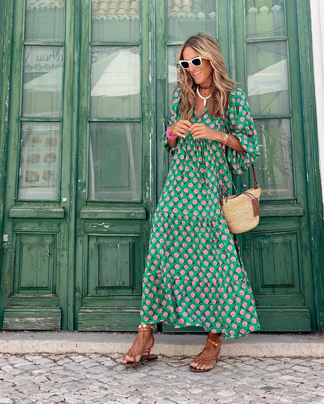 Green and pink maxi dress with playful print design by Jenelle. Soft and flowy fabric perfect for a casual day out or…