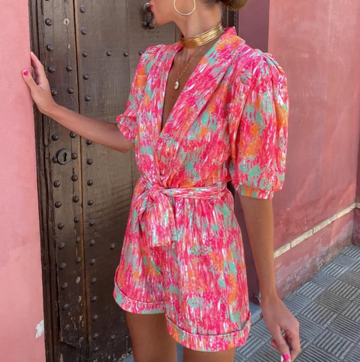 "Maevyn playsuit: Lightweight and comfy, features tie waist. Perfect for casual outings and lounging."