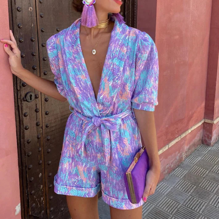 "Maevyn playsuit in lightweight fabric with tie waist, perfect for effortless style and comfort."