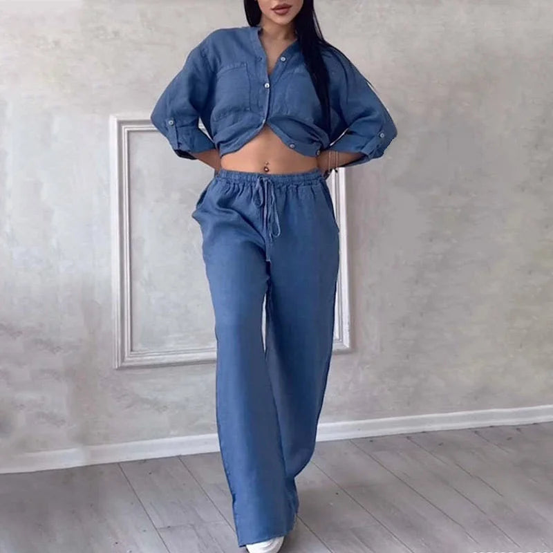 Blue linen shirt and pant duo set for a relaxed fit. Airy fabric ideal for casual wear, effortless style for everyday…
