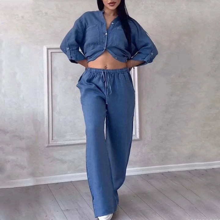 Blue linen shirt and pant duo set for a relaxed fit. Airy fabric ideal for casual wear, effortless style for everyday…