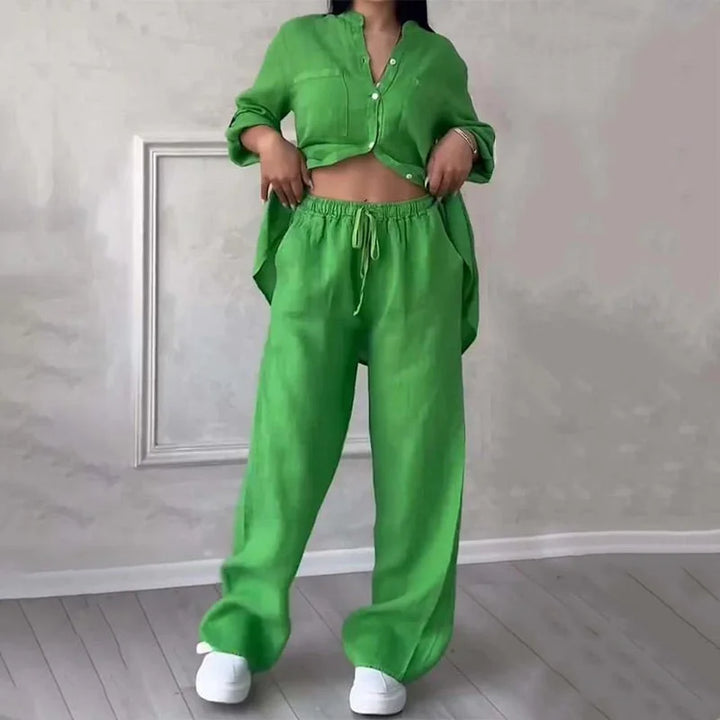 Green linen shirt and pant set with effortless fit from Dayra. Light and airy fabric perfect for all-day comfort and style.