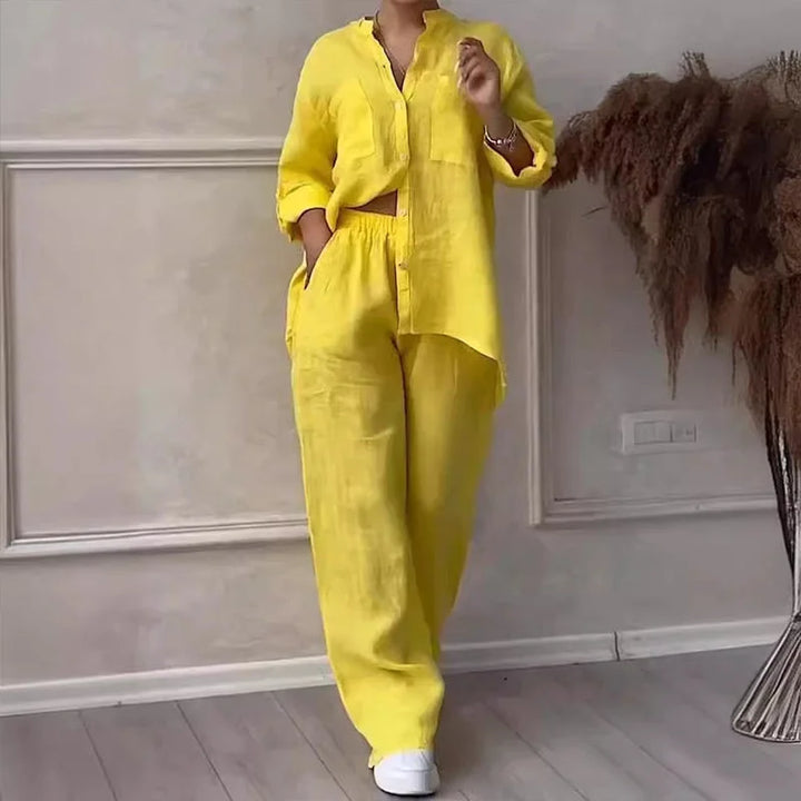 Yellow linen shirt and pant set for effortless style. Airy, comfortable fit perfect for casual days.
