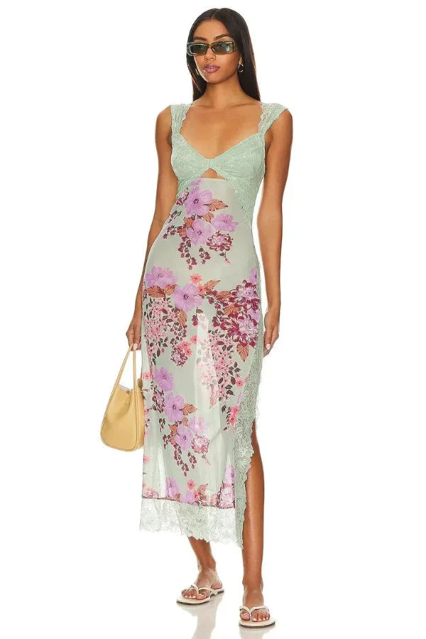 Sheer Adelynne maxi dress with floral print, perfect for sunny days.