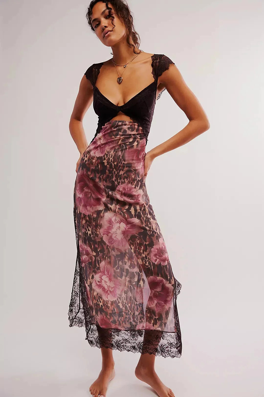 "Abbie sheer floral print maxi dress in shaved chocolate combo, a lightweight and flowy option for a chic and sophisticated…