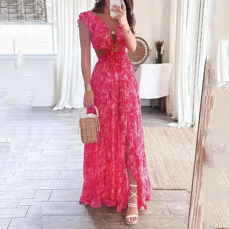 "Lilibeth pink V-neck maxi dress with a floral pattern, made from light and airy fabric, perfect for a summer day out."