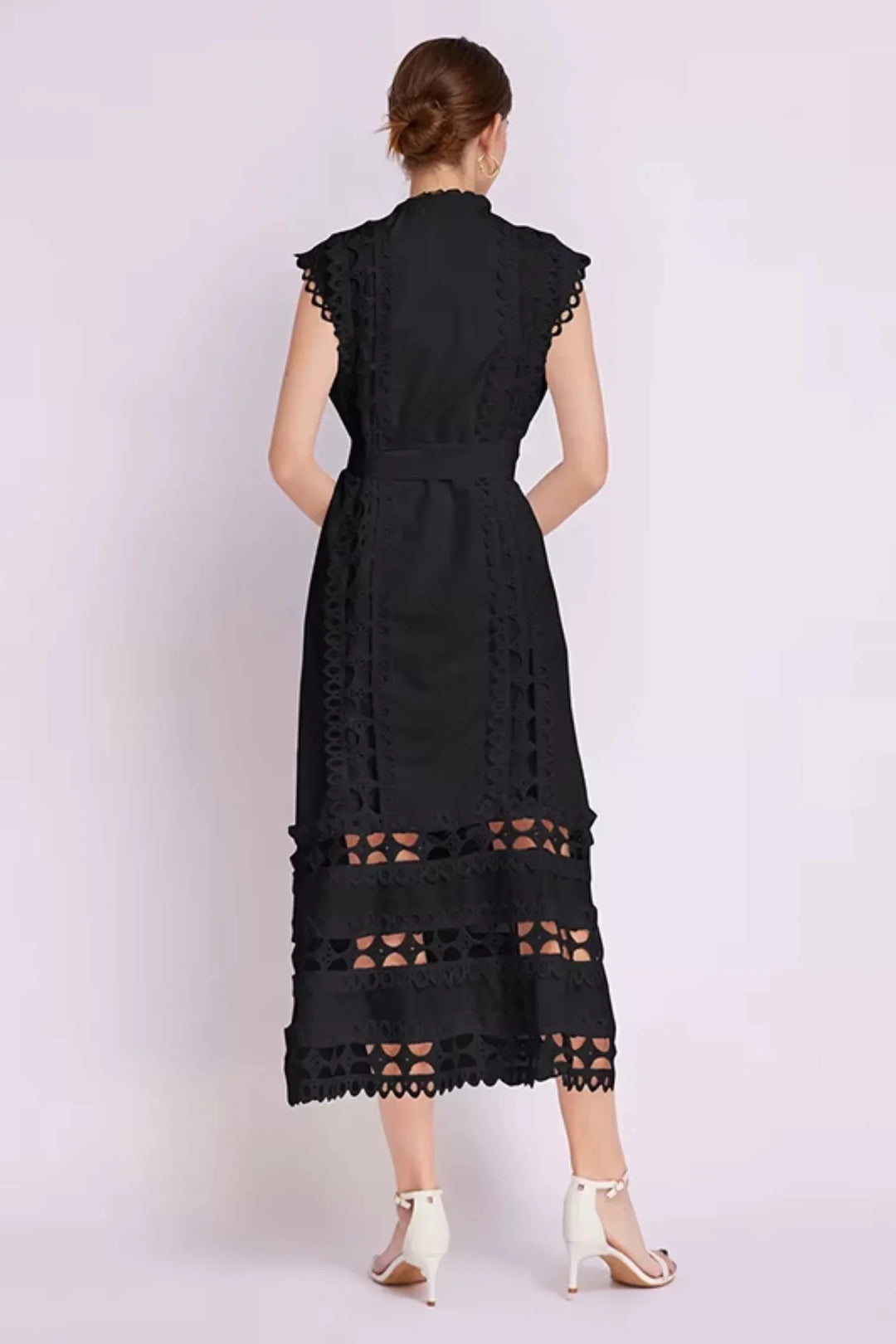 "Zya sleeveless lace midi dress with belted waist in navy blue, perfect for special occasions, featuring intricate lace…