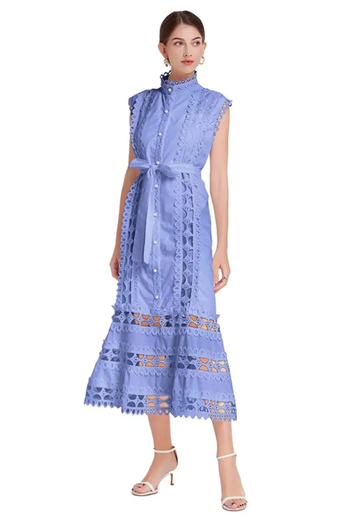 "Zya sleeveless lace midi dress with belted waist, featuring intricate lace detailing, flattering silhouette, perfect for…