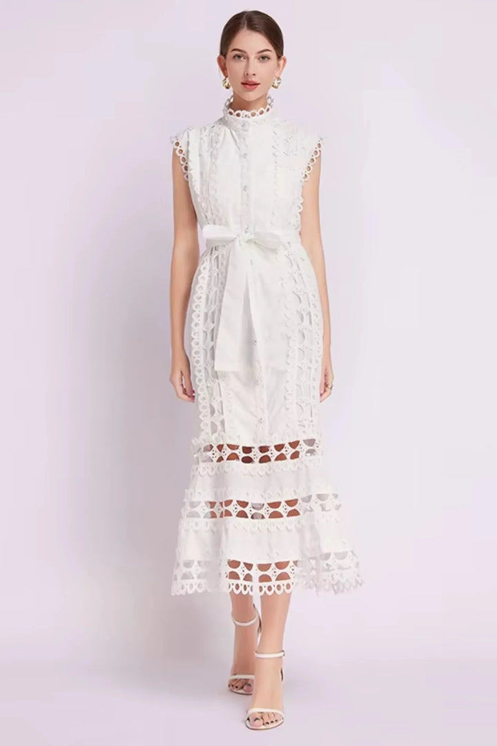 "Zya sleeveless lace midi dress featuring belted waist, perfect for a chic and feminine look."