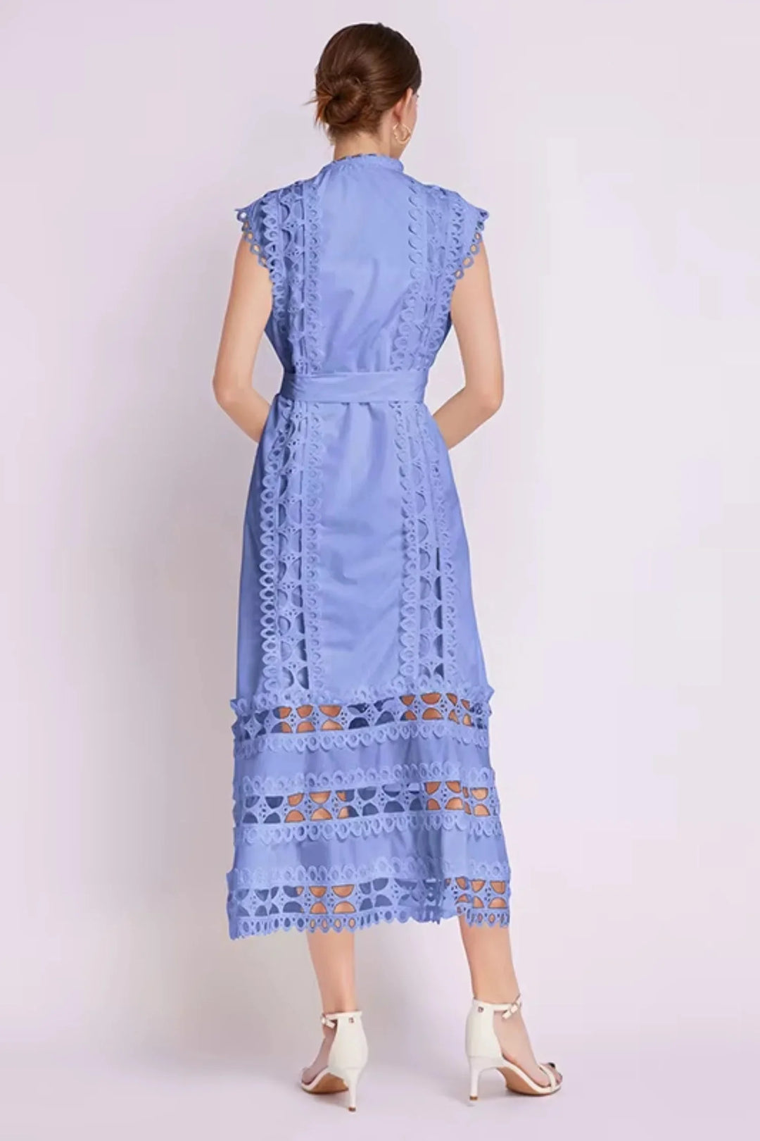 "Zya sleeveless lace midi dress in beige, with intricate lace details, belted waist for flattering silhouette."