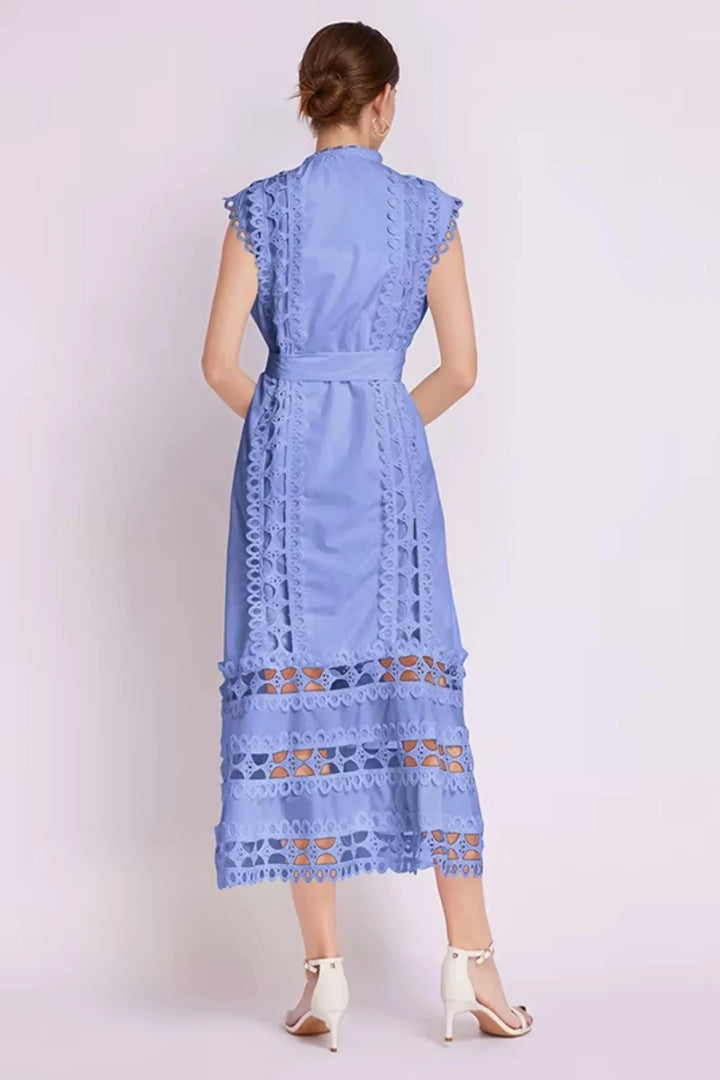 "Zya sleeveless lace midi dress in beige, with intricate lace details, belted waist for flattering silhouette."