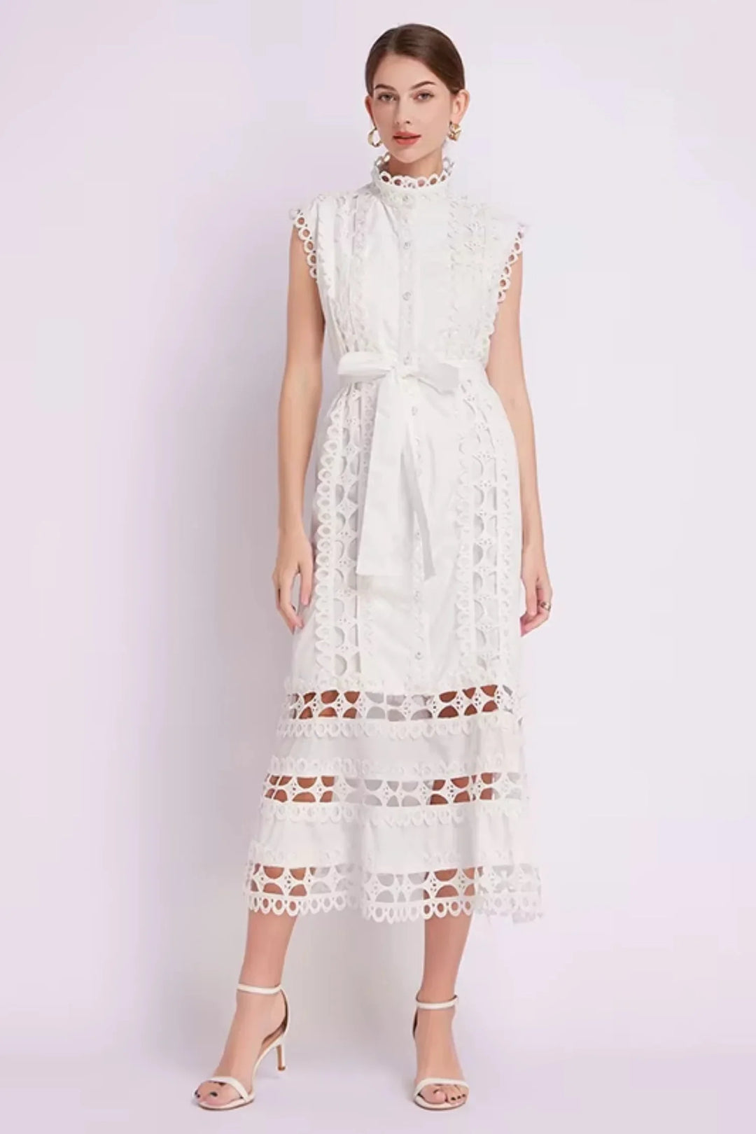 "Zya sleeveless lace midi dress in belted waist, elegant floral lace design, perfect for special occasions."