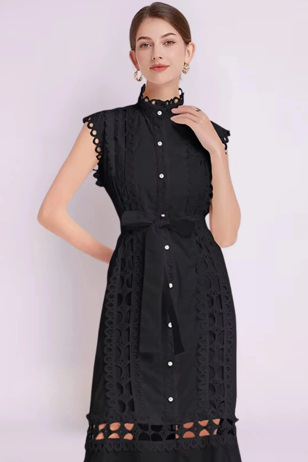 "Zya sleeveless lace midi dress with belted waist, showcasing intricate lace details and a flattering silhouette."