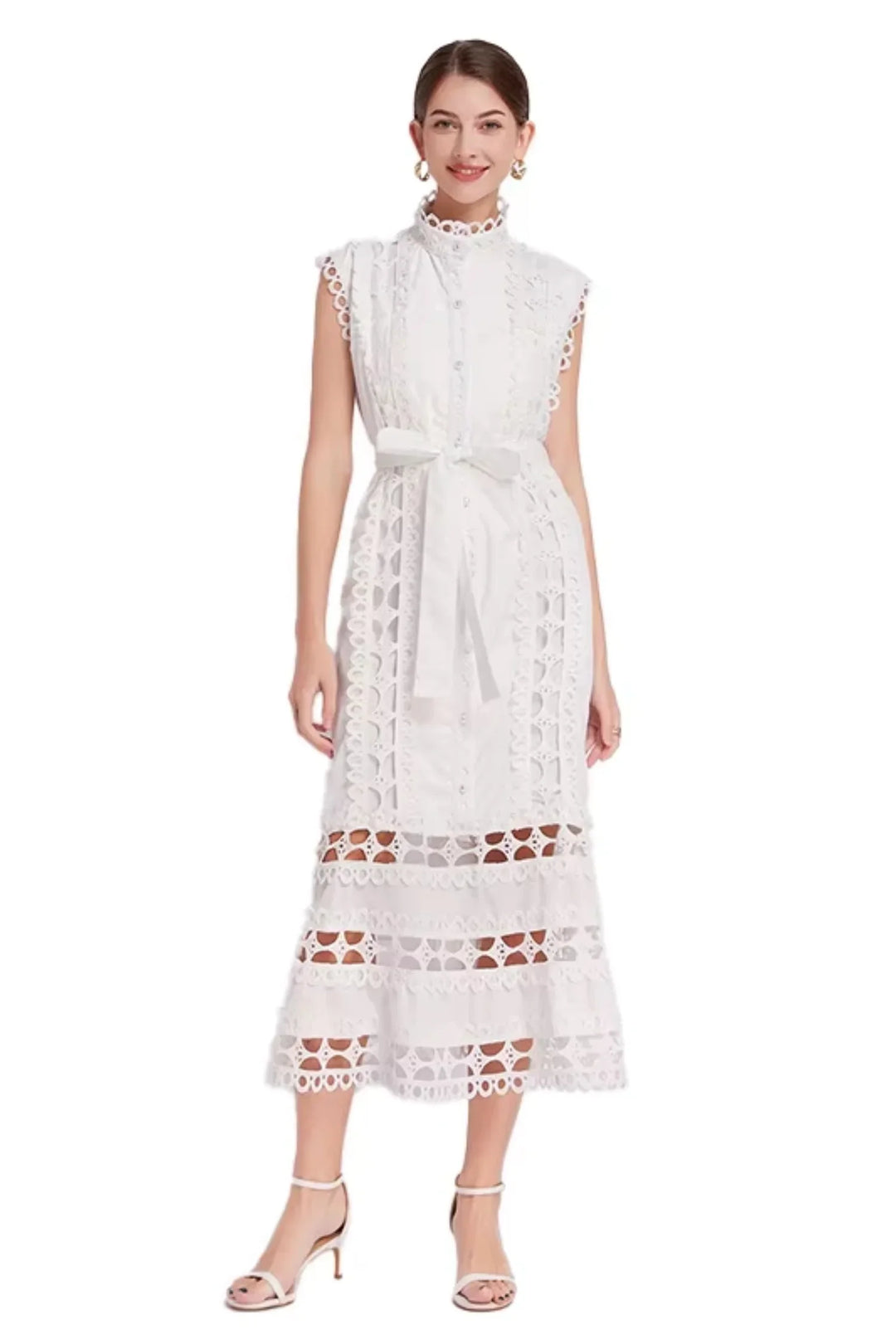 "Zya sleeveless lace midi dress featuring a belted waist, ideal for elegant occasions with its intricate lace and…