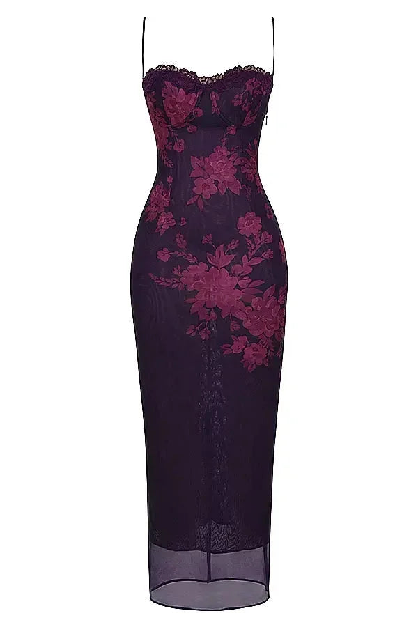 "Stevi floral maxi dress in navy blue, featuring adjustable straps and a Avanna floral pattern on soft flowy fabric."