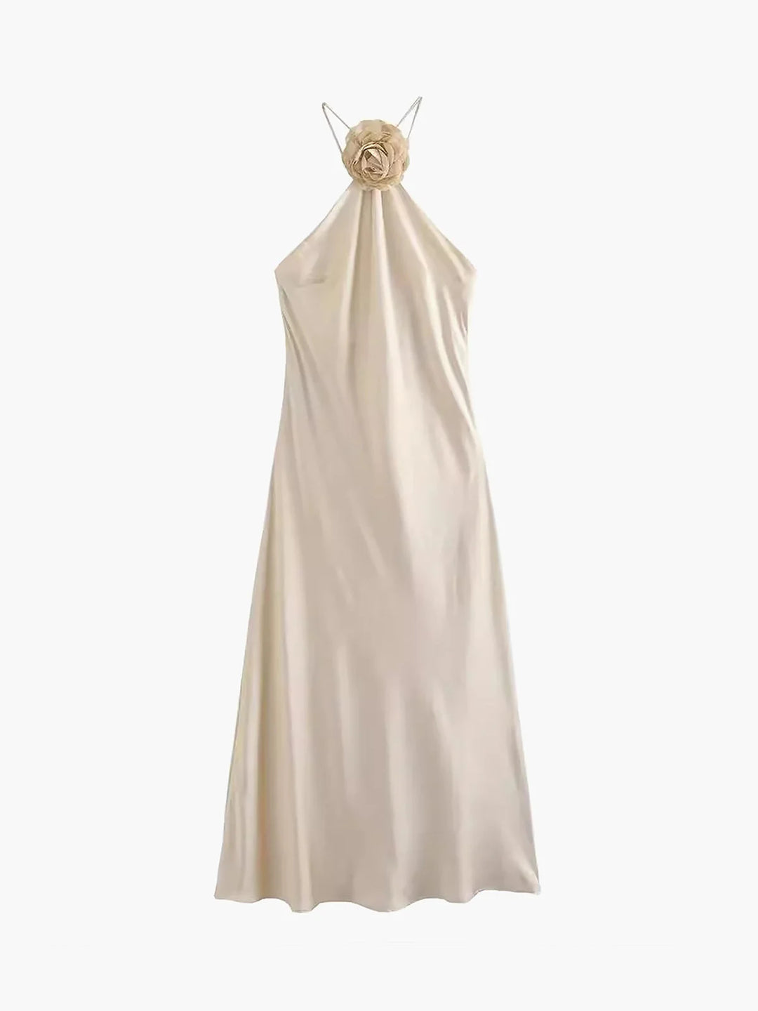 "Siena satin halter dress featuring elegant rose decoration, perfect for a sophisticated evening event."