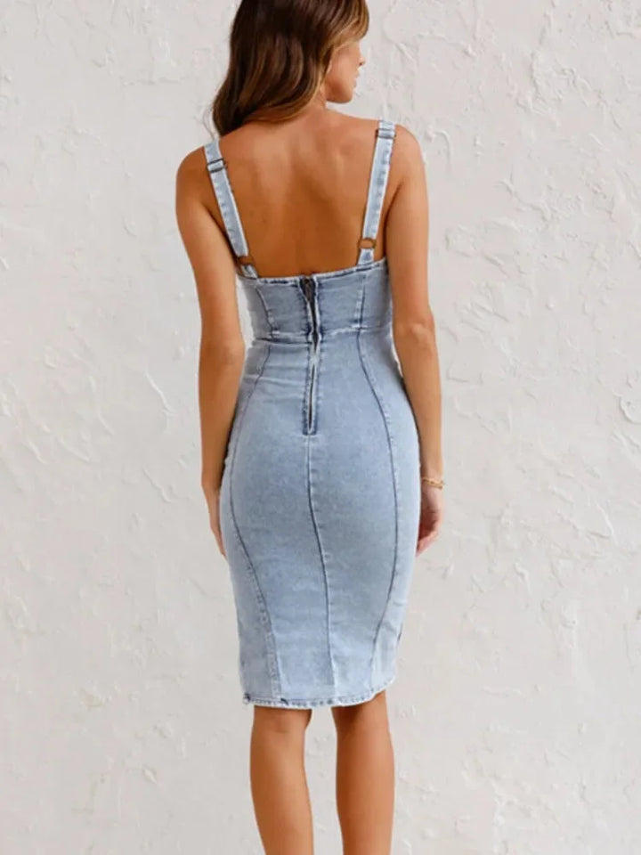 "Navee denim midi dress in sleek fit, perfect for casual events with a classic design and comfortable material."