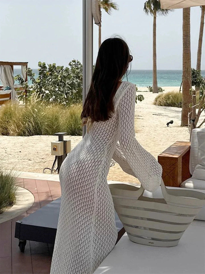 Long knit dress with cleavage tie in a soft heathered fabric, featuring a flattering silhouette for women by Hailey.