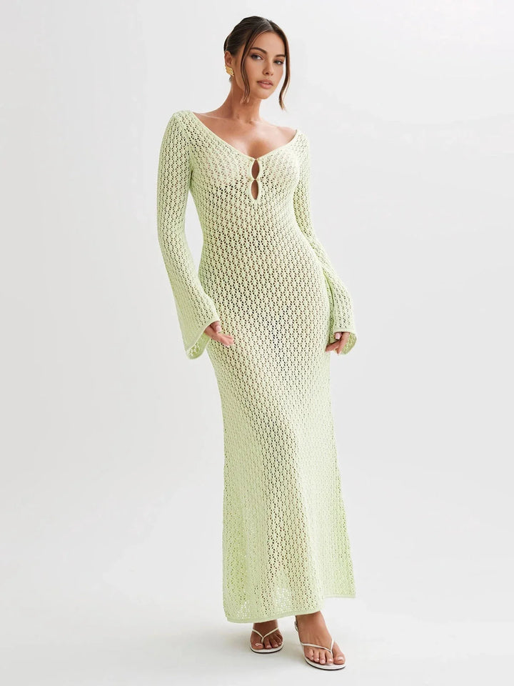 Light Green long knit dress with cleavage tie, soft and stretchy fabric, elegant design perfect for casual or dressy…