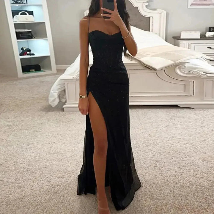 Black strapless dress with high slit designed by Lennyx, featuring a sleek and elegant silhouette.