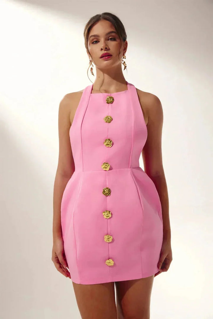 Halter mini dress with delicate floral embellishments, ideal for summer outings, made from lightweight fabric in a charming…