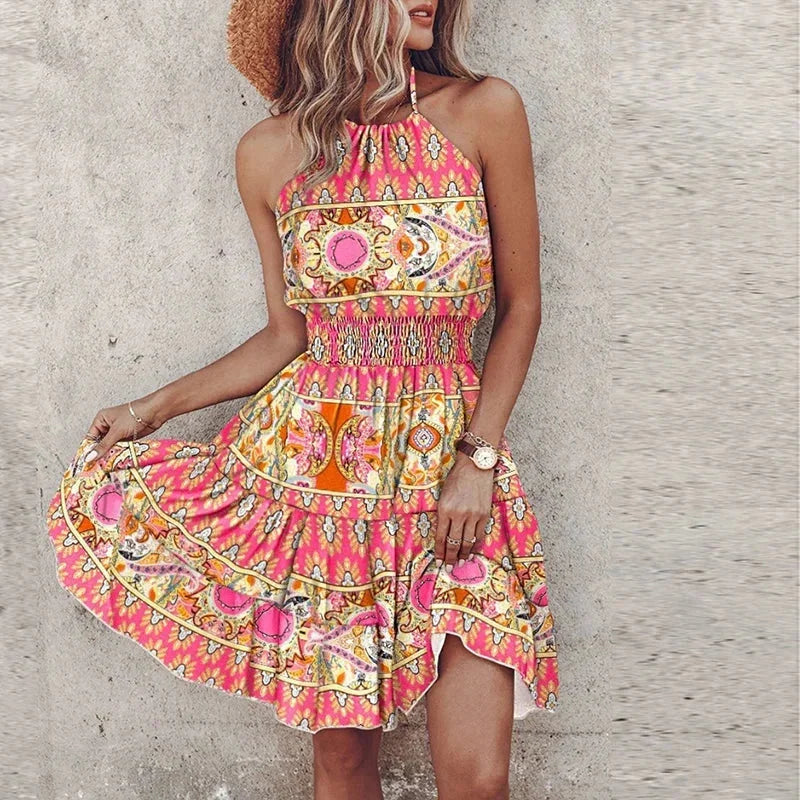 Pink halter neck mini dress featuring vibrant design, made from premium quality material.