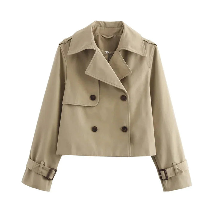 Khaki short jacket made of durable canvas with multiple pockets, button closure, and a stand-up collar for daily casual wear.