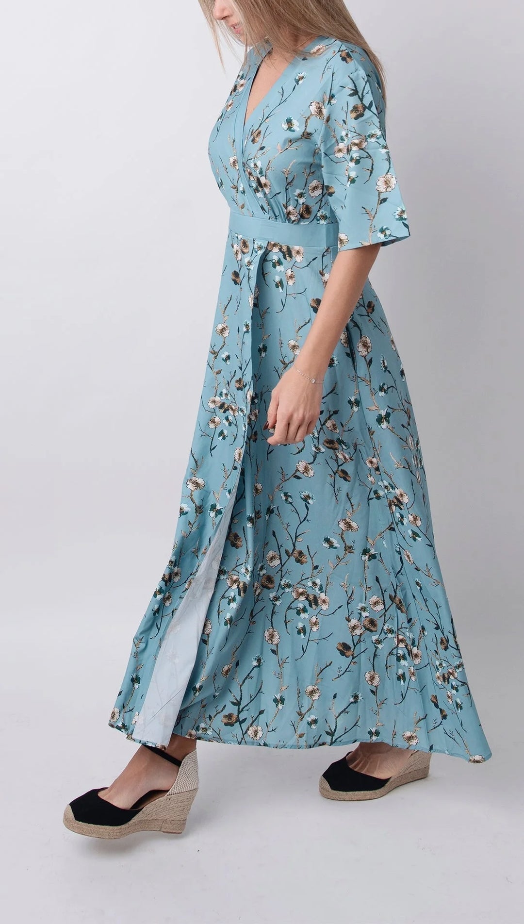 "Lisbeth light blue maxi dress with floral print and half sleeves in solid grey color, ideal for casual and stylish everyday…