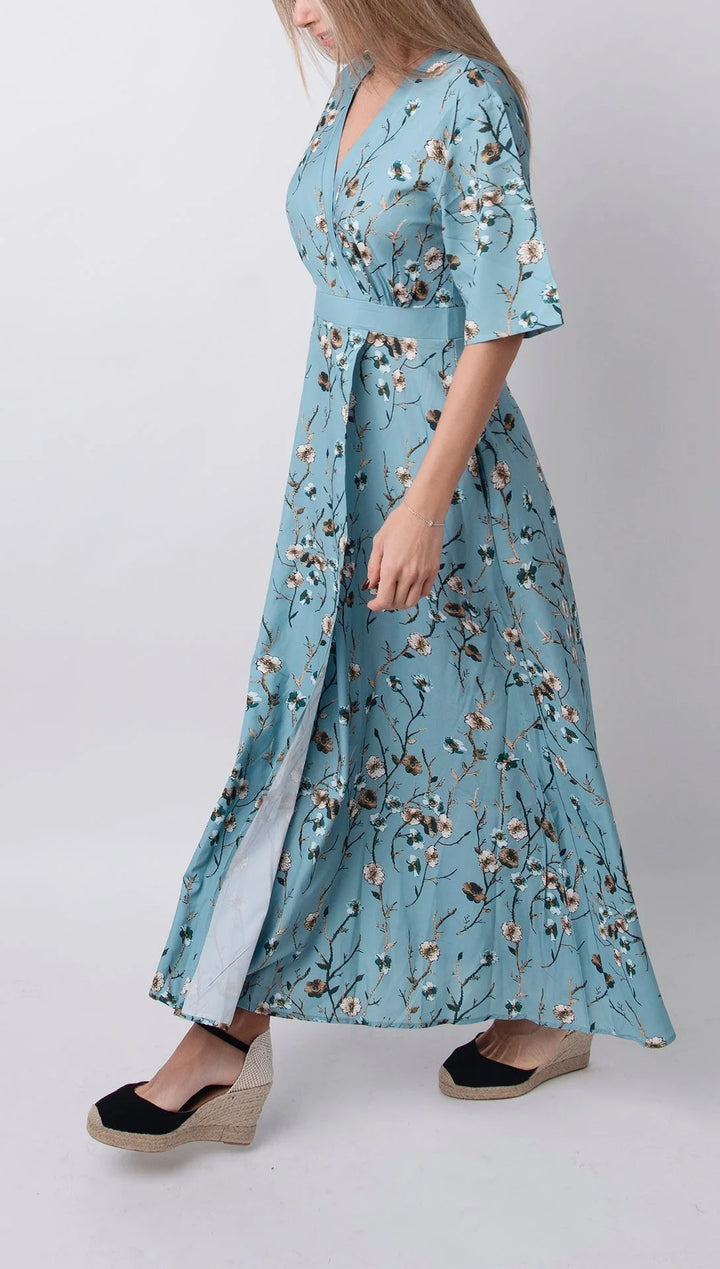 "Lisbeth light blue maxi dress with floral print and half sleeves in solid grey color, ideal for casual and stylish everyday…