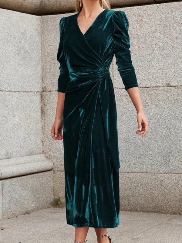 Angeles's velvet wrap dress with chic puffed sleeves - rich velvet fabric elegantly styled with trendy puffed sleeves for a…