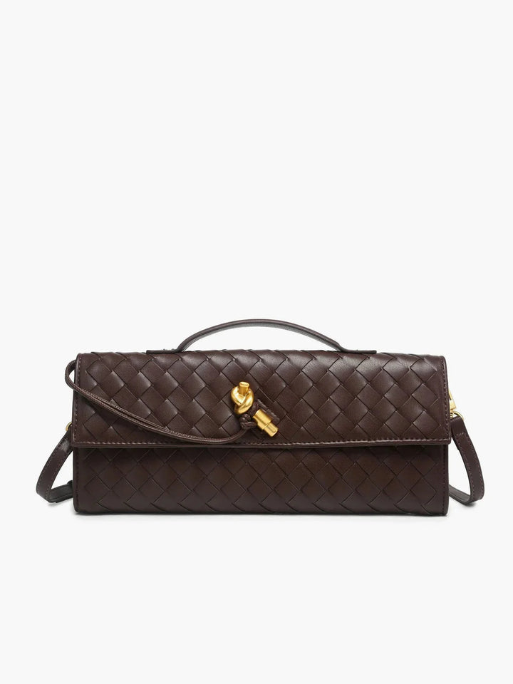Dark brown quilted shoulder bag with secure clasp made of Tierney material, showcasing a sleek and sophisticated design.