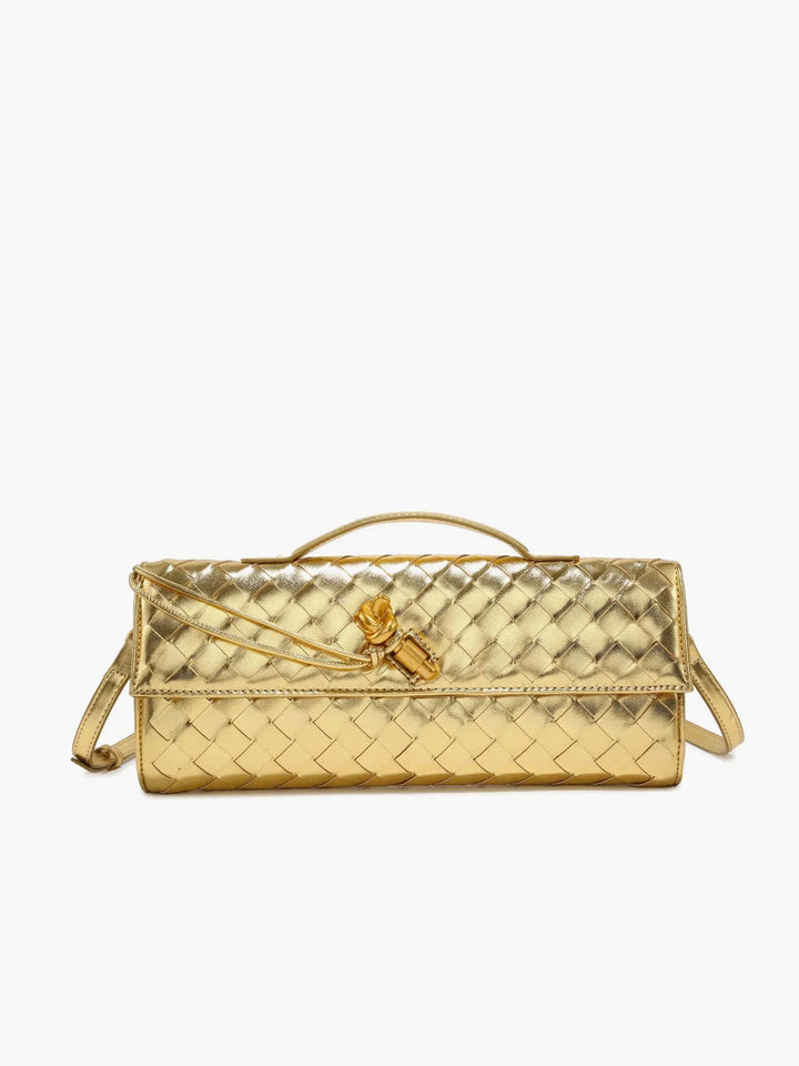 Gold quilted shoulder bag with secure clasp made of Tierney fabric, ideal for everyday chic style.
