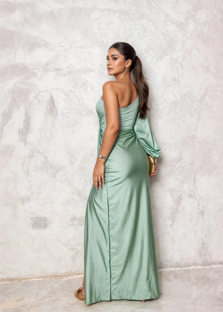 Satin midi dress in soft mauve with intricate gathered detailing along the waist and sleeves by Juliette.