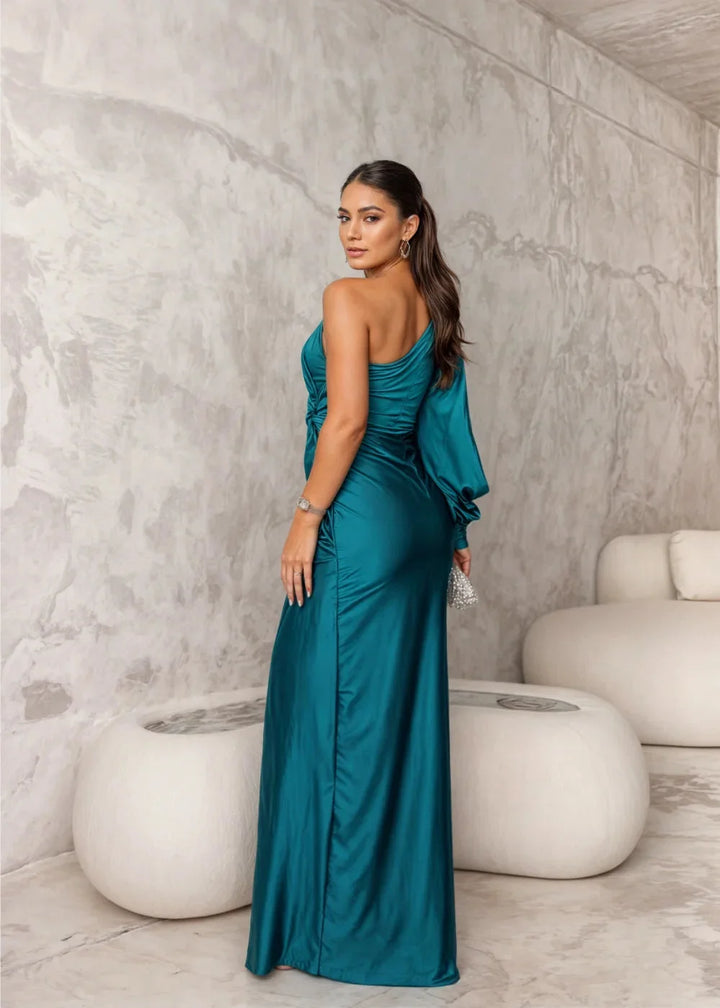 Satin midi dress in navy blue with intricate gathered detailing and V-neckline by Juliette.