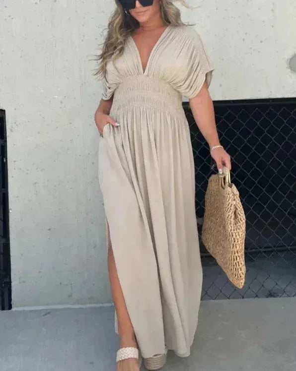 "Amaya maxi dress in flowy and elastic material, a comfortable and stylish choice for any occasion."
