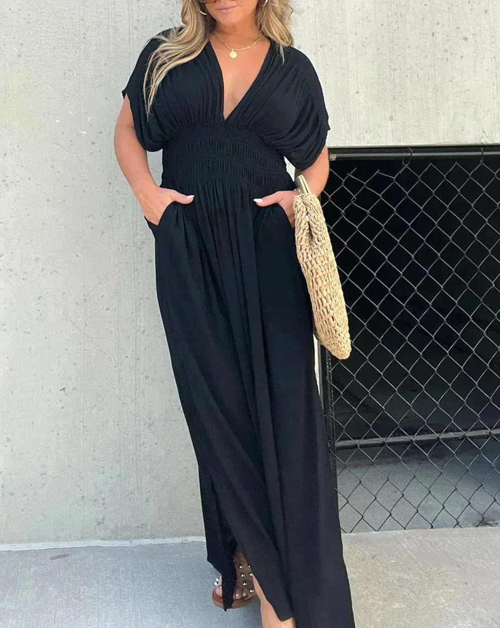 "Amaya - Black flowy maxi dress with elastic waist, perfect for all-day comfort and effortless style. Soft and…