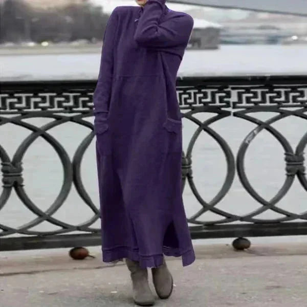 "Carina ankle-length winter attire in Purple, crafted from soft faux fur with a cozy design for warmth and style."