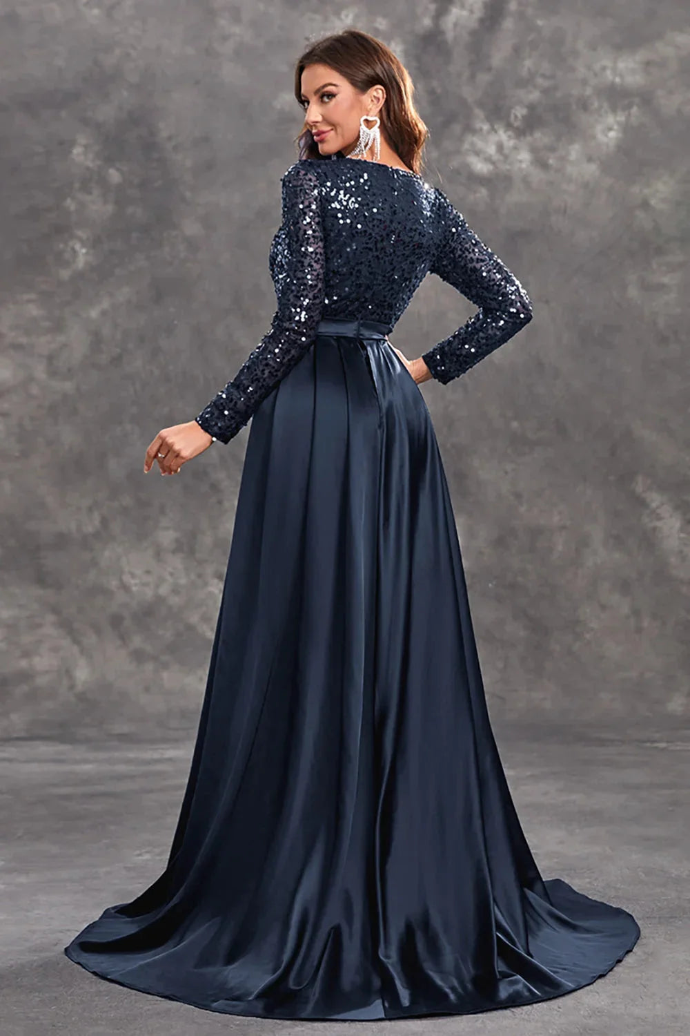 Sequined bodice evening dress with flowing chiffon skirt in Eisley design.