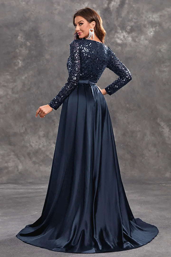 Sequined bodice evening dress with flowing chiffon skirt in Eisley design.